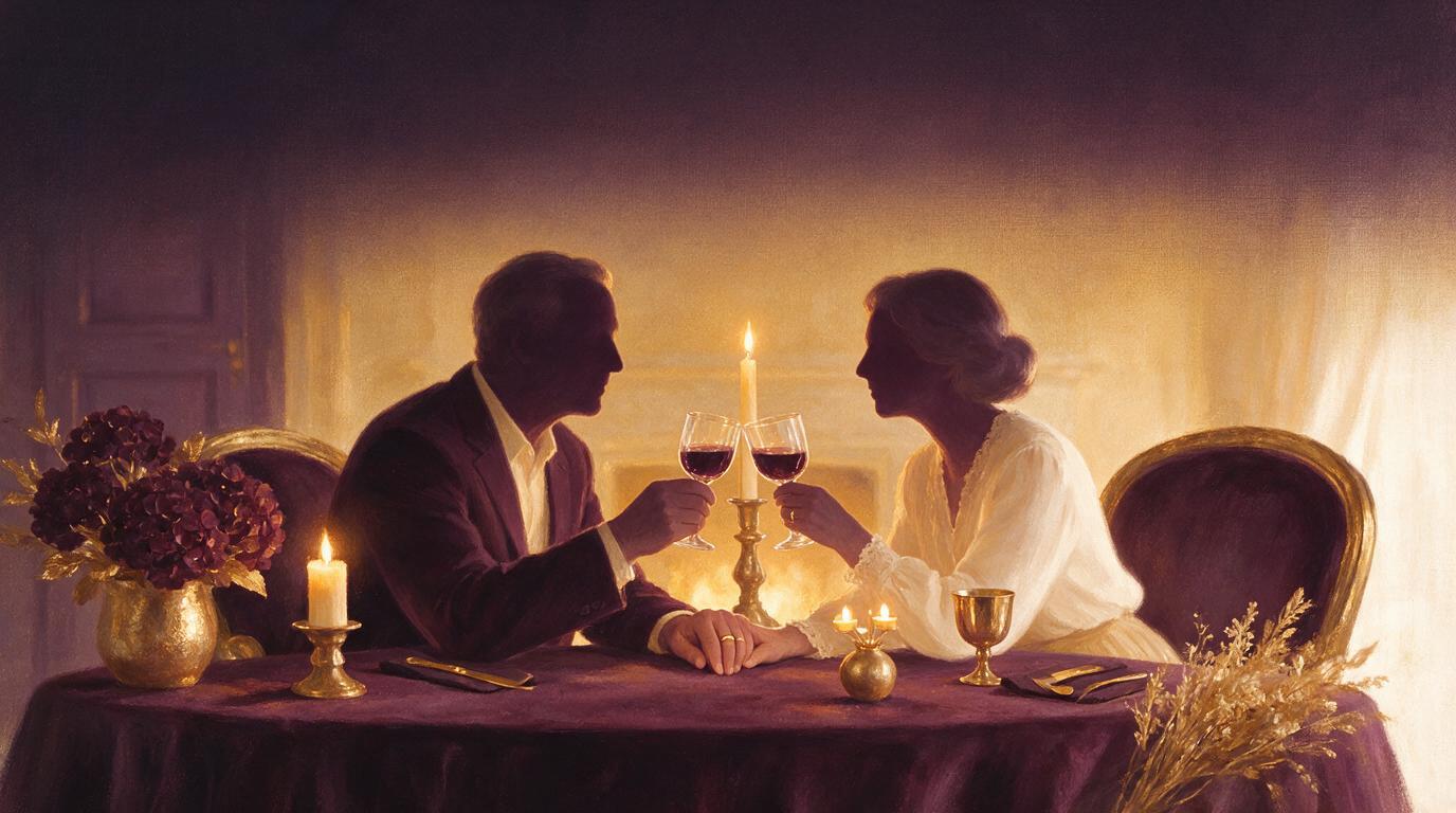 An older couple toasting at a candlelit dinner table